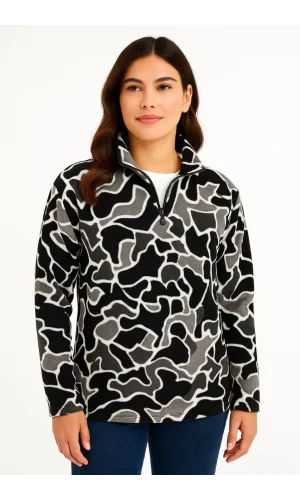 KADIN Yarım Fermuarlı Desenli Polar Sweat Yakalı, Uzun Kollu, Oversize Rahat Kalıp - Siyah