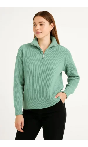 KADIN Yarım Fermuarlı Triko Kazak – Selanik Örgü, Dik Yaka, Pamuklu Dokuma, Oversize Uzun Kollu Kışlık Model - Mint Yeşili