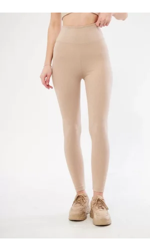 Kadın Yüksek Bel Fitilli Tayt - Bej