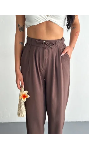 Kadın Yüksel Bel Rahat Boru Paça Pantalon - Kahverengi
