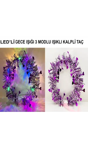Kalp Püsküllü 3 Modlu LED Işıklı Taç Mor Renk