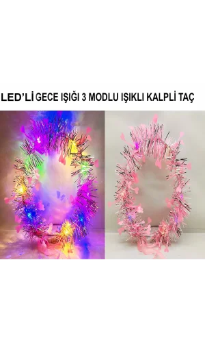 Kalp Püsküllü 3 Modlu LED Işıklı Taç Pembe Renk