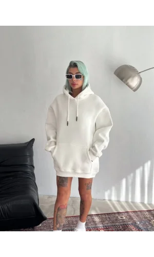 Kapüşonlu Üç İplik Penye Basic SweatShirt - Beyaz