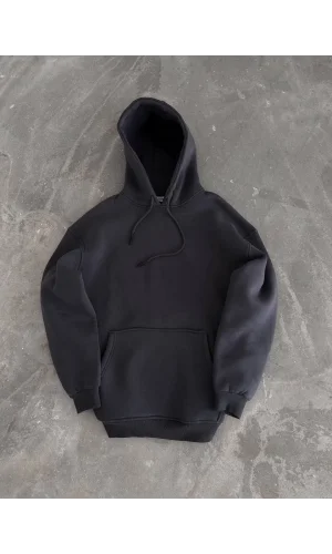 Kapüşonlu Üç İplik Penye Basic SweatShirt - Füme