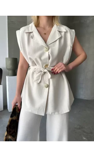 Keten Sıfır Kol Kuşaklı Ceket Pantolon ikili Takım - Beyaz