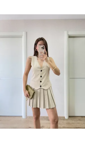 Keten Takım Görünümlü Düğme Detaylı Yelekli Mini Elbise - Bej