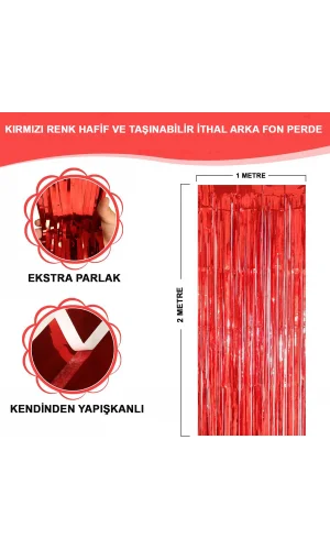 Ekstra Metalize Parlak Saçaklı Arka Fon Perde Kırmızı
