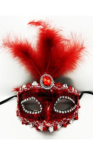 Kırmızı Payetli Pullu Tüylü Parti Maskesi