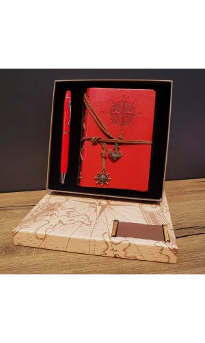 Kırmızı Pusula Tasarım Deri Defter Ve Touchpen Kalem Seti