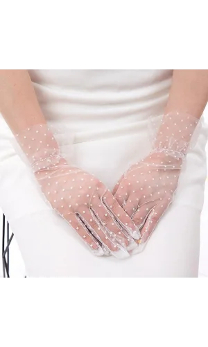 Kısa Boy Güpürlü Beyaz Puantiyeli Tül Eldiven