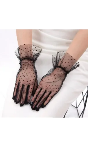 Kısa Güpürlü Siyah Puantiyeli Tül Eldiven