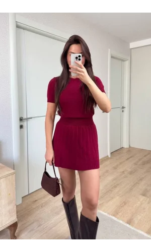 Kısa Kollu Bluz Mini Etekli ikili Takım Triko - Bordo