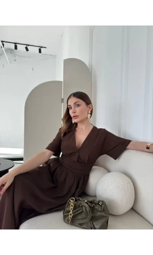 Kısa Kollu Uzun Elbise - Kahve