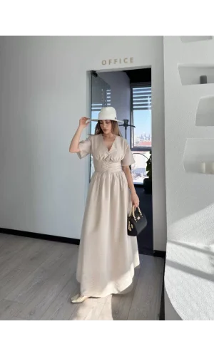 Kısa Kollu Uzun Elbise - Kırık Beyaz