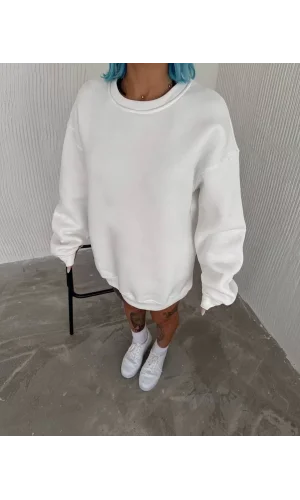 Kışlık Bisiklet Yaka Üç İplik Basic SweatShirt - Beyaz