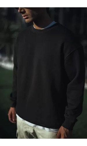 Kışlık Bisiklet Yaka Üç İplik Basic SweatShirt - Siyah