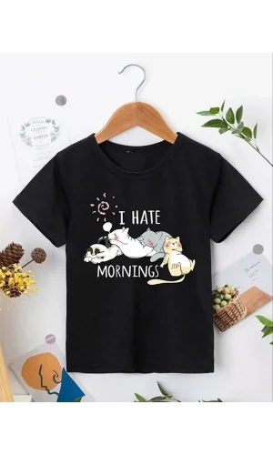 Kız Çocuk Bisiklet Yaka Baskılı T-Shirt - Siyah