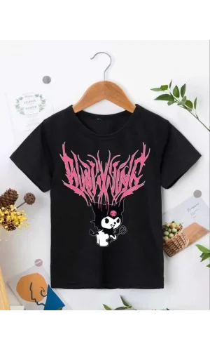 Kız Çocuk Bisiklet Yaka Baskılı T-Shirt - Siyah