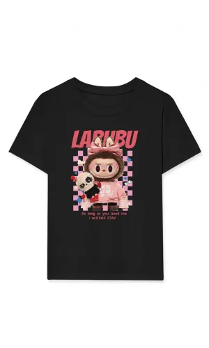 Kız Labubu Çocuk Baskılı T-Shirt - Siyah