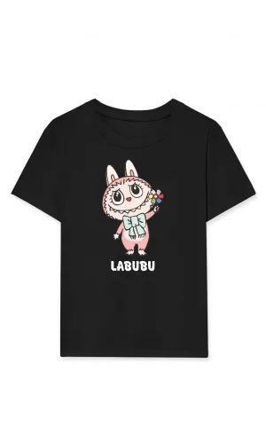 Kız Labubu Çocuk Baskılı T-Shirt - Siyah