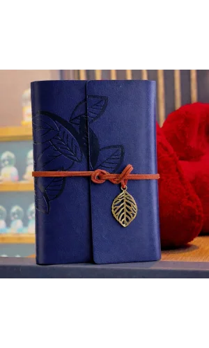 Lacivert Yaprak Desenli Deri Defter