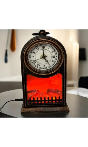 LED Işıklı Siyah Eskitme Şömine Saat