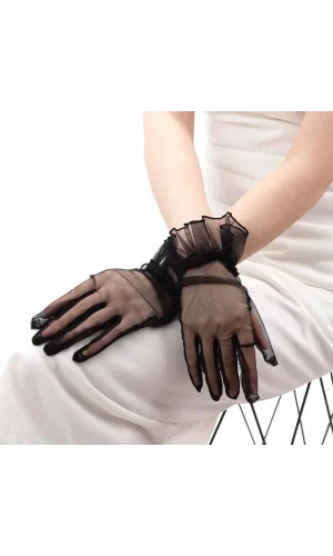 Likralı Güpürlü Yetişkin Tül Eldiven Siyah