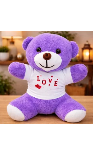 Love Baskılı Tişörtlü Peluş Mor Ayıcık