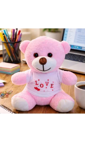 Love Tişörtlü Pembe Peluş Ayıcık