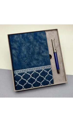 Mavi Termo Deri Defter Ve Metal Roller Kalem Seti