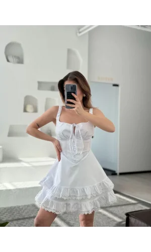 Mini Askılı Elbise - Beyaz