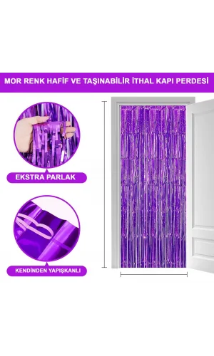 Ekstra Metalize Saçaklı Arka Fon Perde Mor