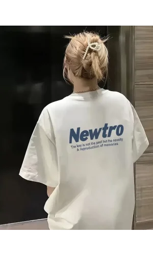 Newtro Baskılı Oversize Bisiklet Yaka T-shirt - Beyaz