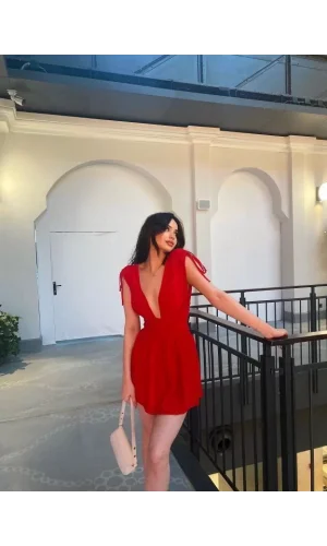 Omuzu ip Askılı Şortlu Elbise - Kırmızı