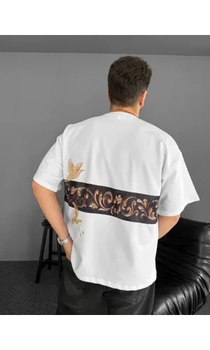 Ön ve Arka Baskılı Oversize Bisiklet Yaka T-shirt - Beyaz