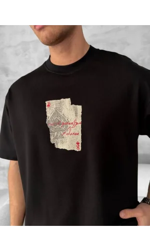 Ön ve Arka Baskılı Oversize Bisiklet Yaka T-shirt - Siyah