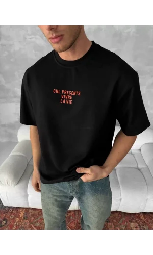 Ön ve Arka Baskılı Oversize Bisiklet Yaka T-shirt- Siyah