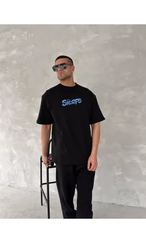 Ön ve Arka Baskılı Oversize Bisiklet Yaka T-shirt- Siyah