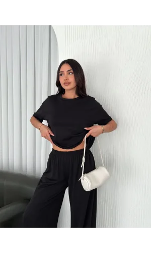 Osy Modal Yumuşak Dokulu Kumaş Bisiklet Yaka T-shirt Bol paça Pantalon ikili Takım -Siyah