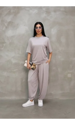 Osy Modal Yumuşak Dokulu Kumaş Oversize Bisiklet Yaka T-shirt Jogger Eşofman Altı Eşofman Takımı - Gri