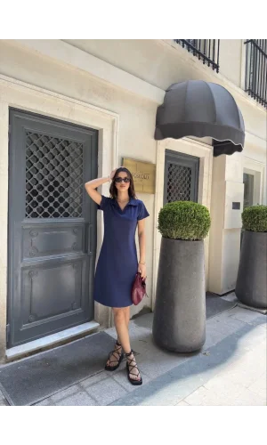 Osy Modal Yumuşak Dokulu Kumaş Yakalı Kısa Kollu Elbise - Mavi