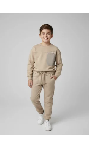 Oversize Cepli Çocuk Sweatshirt Takımı Krem