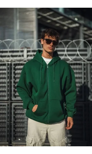 Oversize Tam Fermuarlı Uzun Kol Hırka - Haki