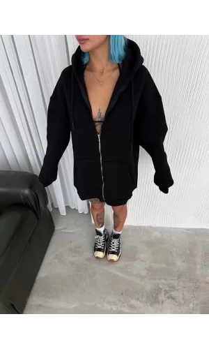Oversize Tam Fermuarlı Uzun Kol Hırka - Siyah