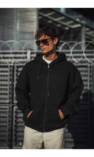 Oversize Tam Fermuarlı Uzun Kol Hırka - Siyah