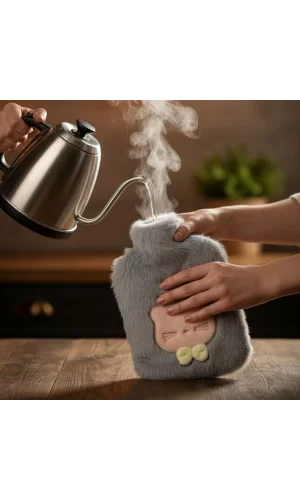 Papyonlu Kedi Figürlü Mavi Peluş Sıcak Su Torbası 1 Litre