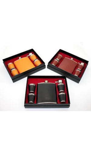 Paslanmaz Çelik 4 Shot Bardaklı Derili Matara Seti Model 2