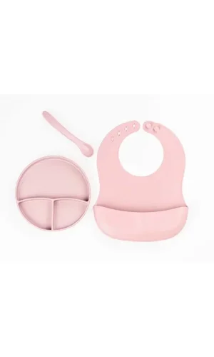 Pembe 3’lü Silikon Yemek Seti – Önlük + Diş Kaşıyıcılı Kaşık + Vakumlu Tabak