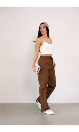 Praşut Kumaş Paça Cepli Baggy Eşofman - Kahve