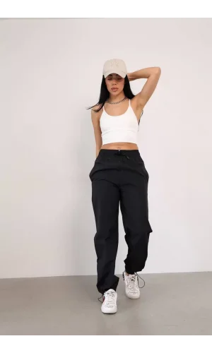 Praşut Kumaş Paça Cepli Baggy Eşofman - Siyah